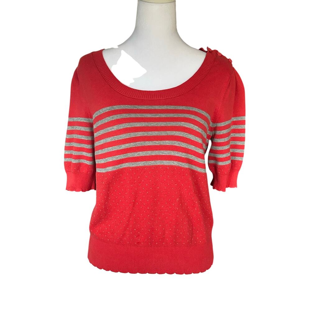 Red and grey striped short sleeve sweater top.